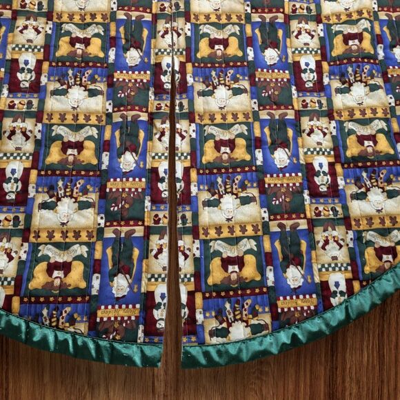 Vintage Christmas Tree Skirt Santa Angels Snowmen Green Red 58" Handmade Large - Picture 3 of 9